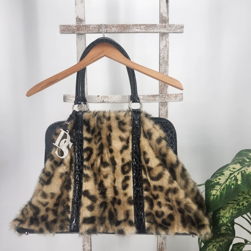 Donna Salyers Fabulous Furs Tote Faux Mink Croc Shoulder Bag Leopard Weekender